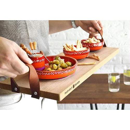 puur hout serveerplank beuken met leren handgrepen (59x19.5cm)