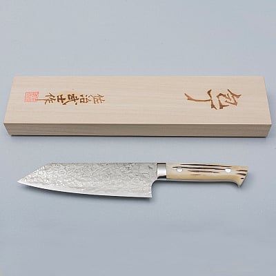Takeshi Saji SG2 Diamond Damast Staghorn Bunka 18 cm