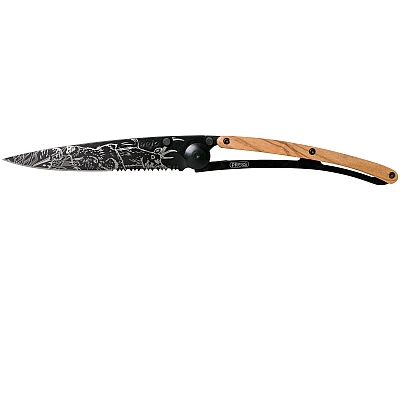 Deejo Zakmes Zwart Tattoo Hunting Scene Gekarteld Olijf Hout 37 g