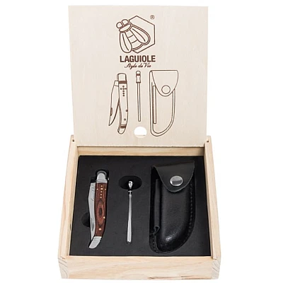 Laguiole Style de Vie Zakmes Rozenhout met Leren Hoesje en Aanzetstaal 