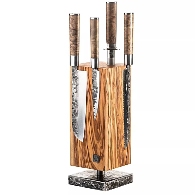 Olive Forged Messenset 4 delig + Roterend Messenblok