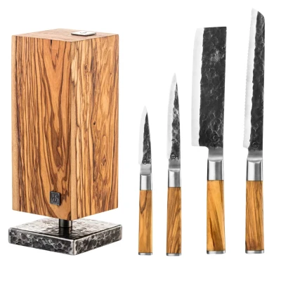 Olive Forged Messenset 4 delig + Roterend Messenblok