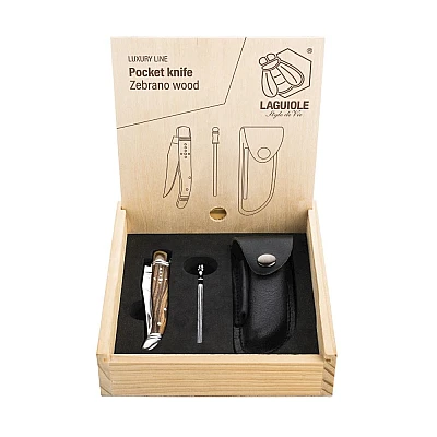 Laguiole Style de Vie Zakmes Zebrano met Leren Hoesje en Aanzetstaal